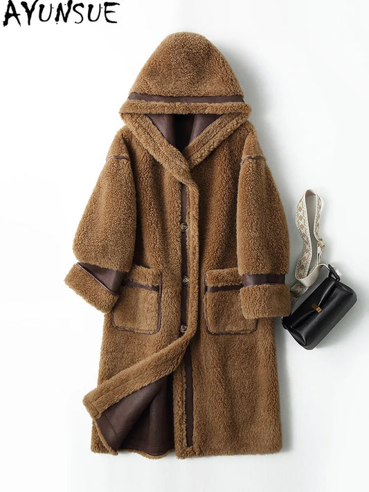Damen Kapuzen Teddy Plüsch Mantel Lang mit Knöpfen