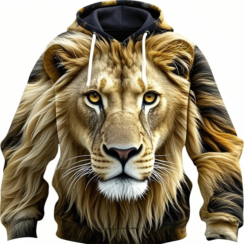Felpa con cappuccio con stampa di testa di leone, design con motivo animale unisex