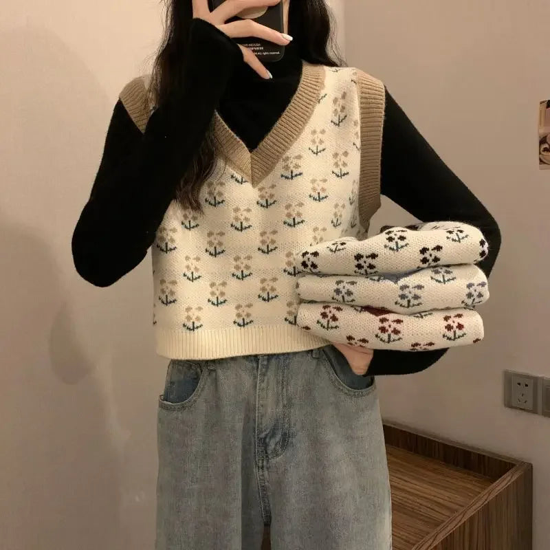Chaleco de punto para mujer con escote en V y estampado floral & chaleco tipo jersey de manga corta