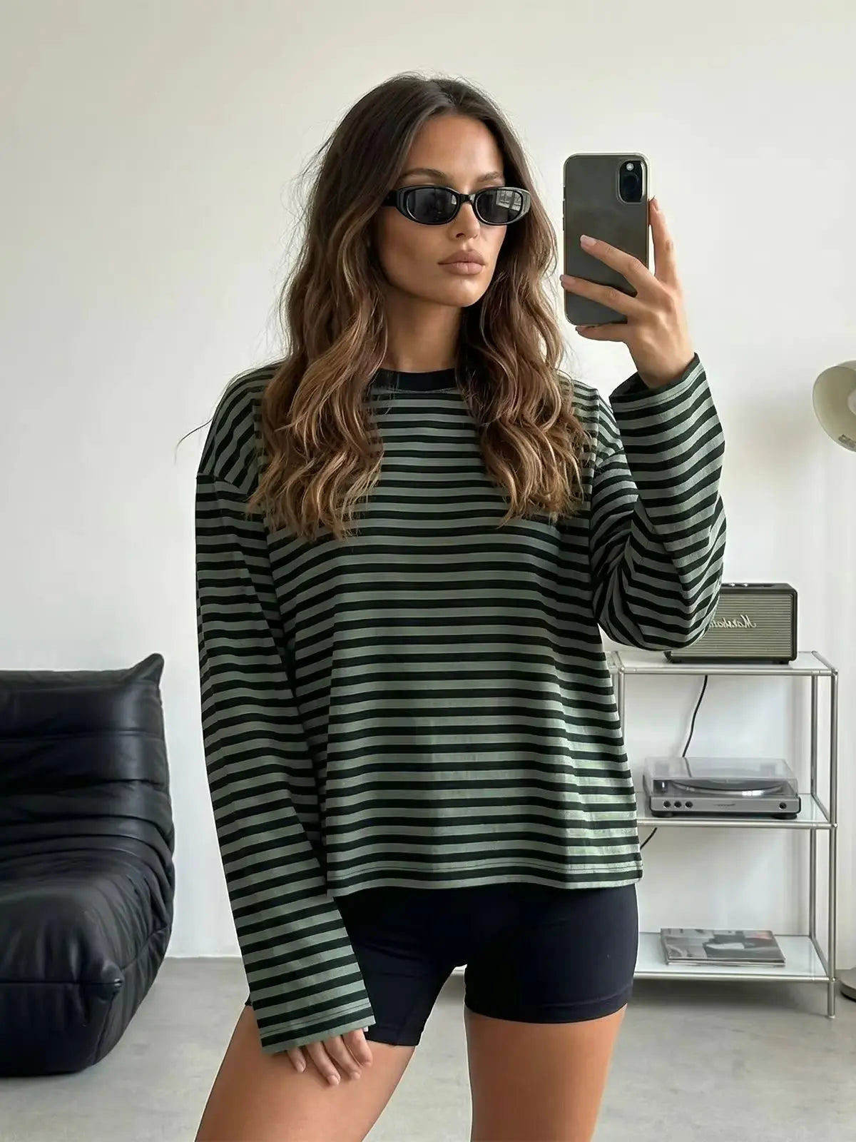 Haut rayé à manches longues pour femmes, col rond, crop top