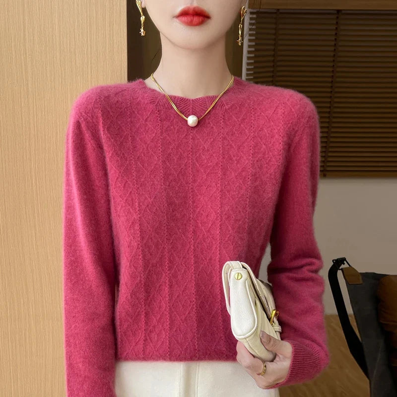 Damen Strickpullover Rundhals mit Rautenmuster Langarm