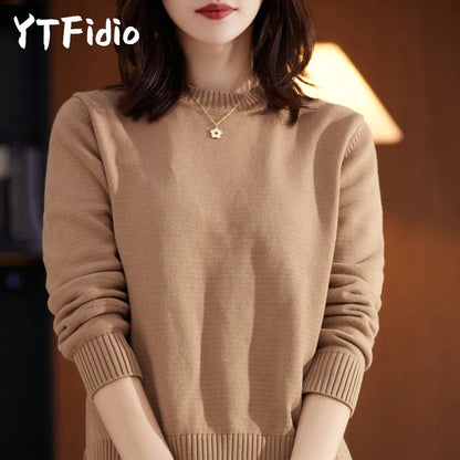 Damen Pullover Rundhals Langarm Strickpullover Rippbündchen Unifarben