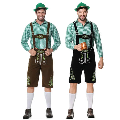Herenklederdrachtset met geruit overhemd, leren broek en borduursel in groen en bruin