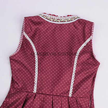 Dirndl Trachtenkleid für Damen, Weinrot mit weißer Bluse und Schürze, kariert/gepunktet