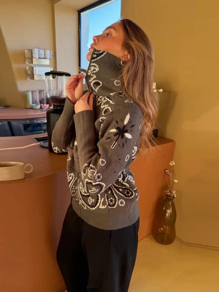 Gilet en maille pour femme avec fermeture éclair et motif bandana, col montant