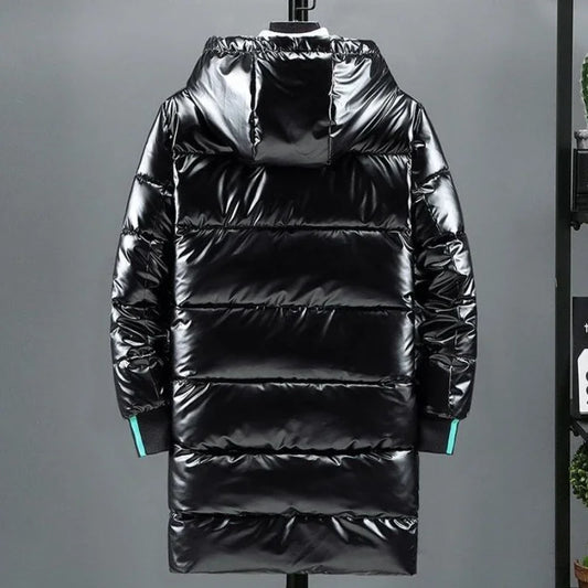 Glänzender Herren Wintermantel Lang Warm Steppjacke mit Kapuze
