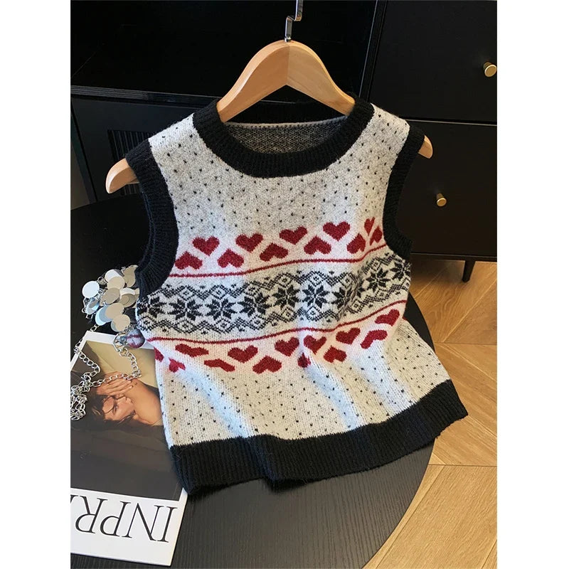 Damen Strickweste Jacquard Norweger-Muster Herz Schneeflocke Ärmellos Rundhals