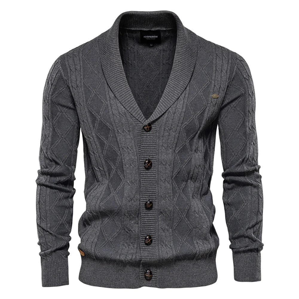 Cardigan da uomo in maglia con collo a scialle e motivo a rombi, abbottonatura e maniche lunghe
