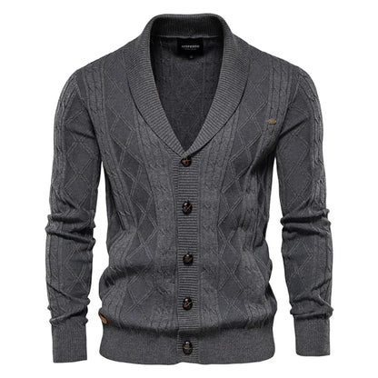 Cardigan da uomo in maglia con collo a scialle e motivo a rombi, abbottonatura e maniche lunghe