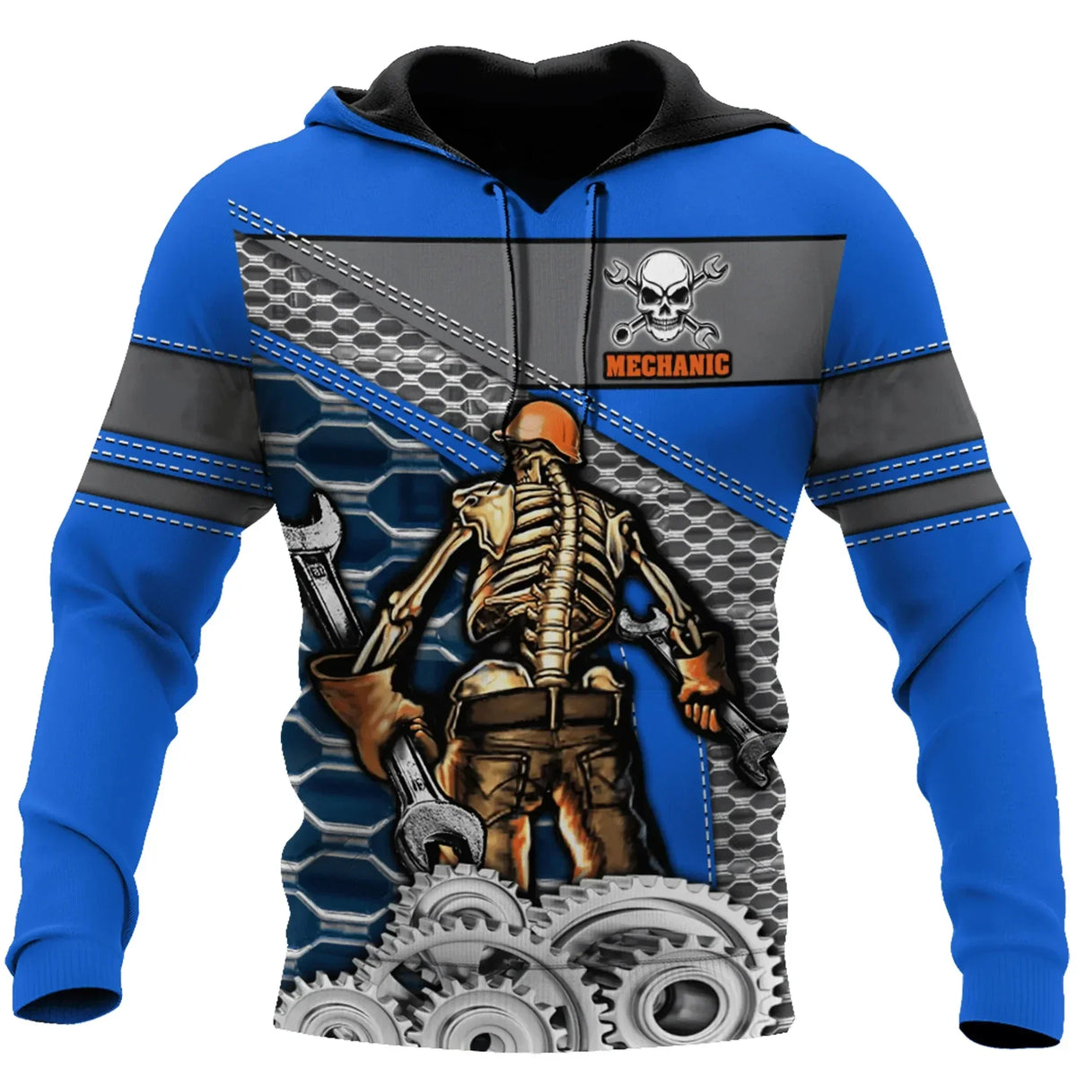 Herren Kapuzenpullover Mechanic Maschinenmotiv Hoodie Schwarz Grau