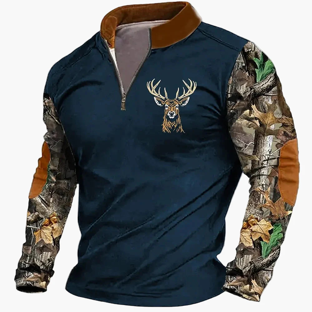 Herren Outdoor Sweatshirt mit Hirsch-Print und Reißverschluss – Freizeit & Jagd Pullover