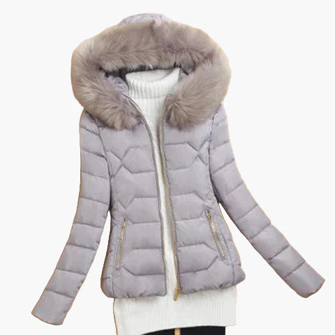 Dames winter gewatteerd jack met capuchon en bontkraag – Modieuze outdoor mantel