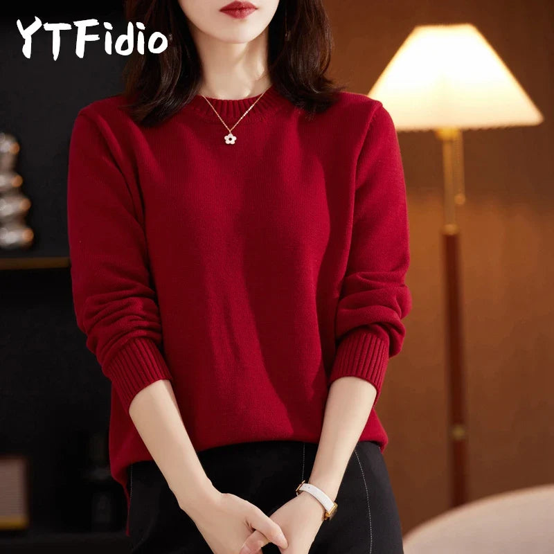 Damen Pullover Rundhals Langarm Strickpullover Rippbündchen Unifarben