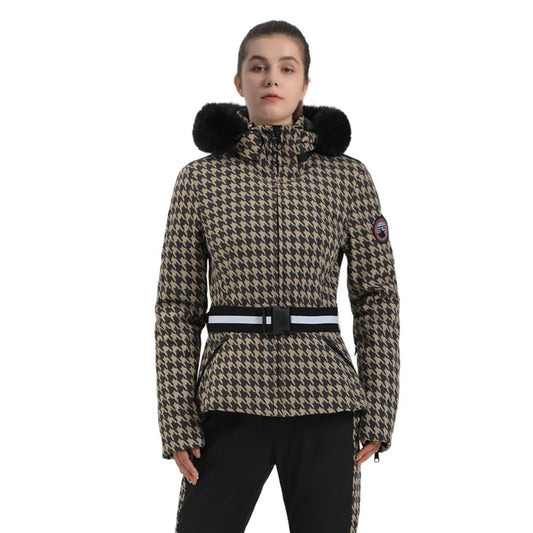 Dames-skipak met bontkraag en riem, doorgestikt, zwart-beige pied-de-poule