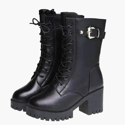 Stivaletti invernali da donna con tacco e lacci, imbottitura calda, alla moda e confortevoli