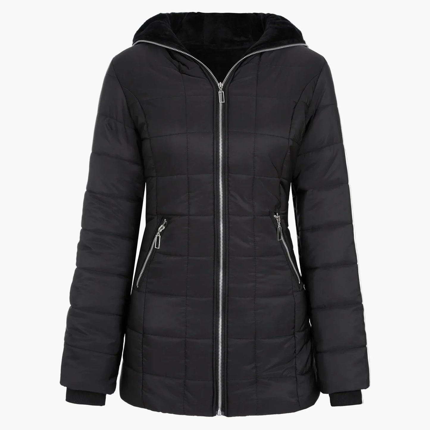 Giacca invernale trapuntata da donna con ampio cappuccio e cerniera asimmetrica – Cappotto outdoor alla moda