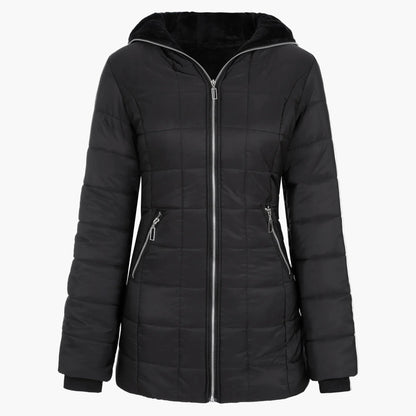 Giacca invernale trapuntata da donna con ampio cappuccio e cerniera asimmetrica – Cappotto outdoor alla moda