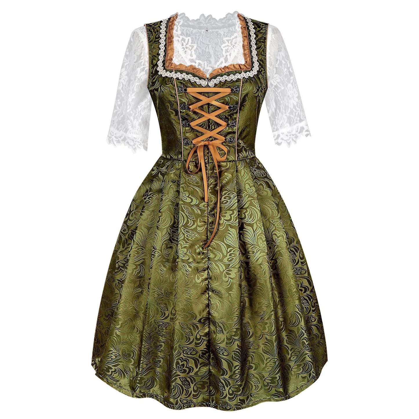 Damesdirndl met kant en schort in groen-goud