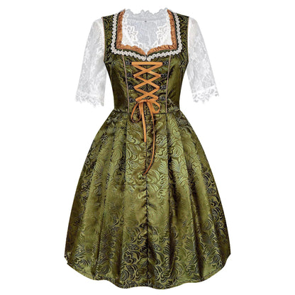 Damesdirndl met kant en schort in groen-goud
