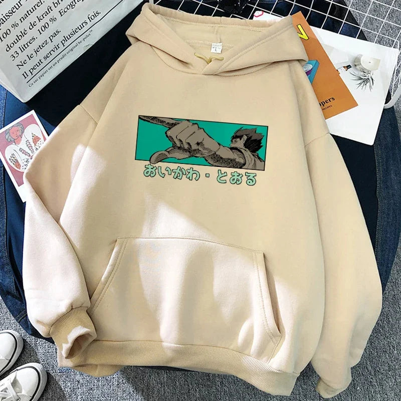 Felpa unisex con cappuccio e stampa anime - beige chiaro "Karasuno Volleyball Club"