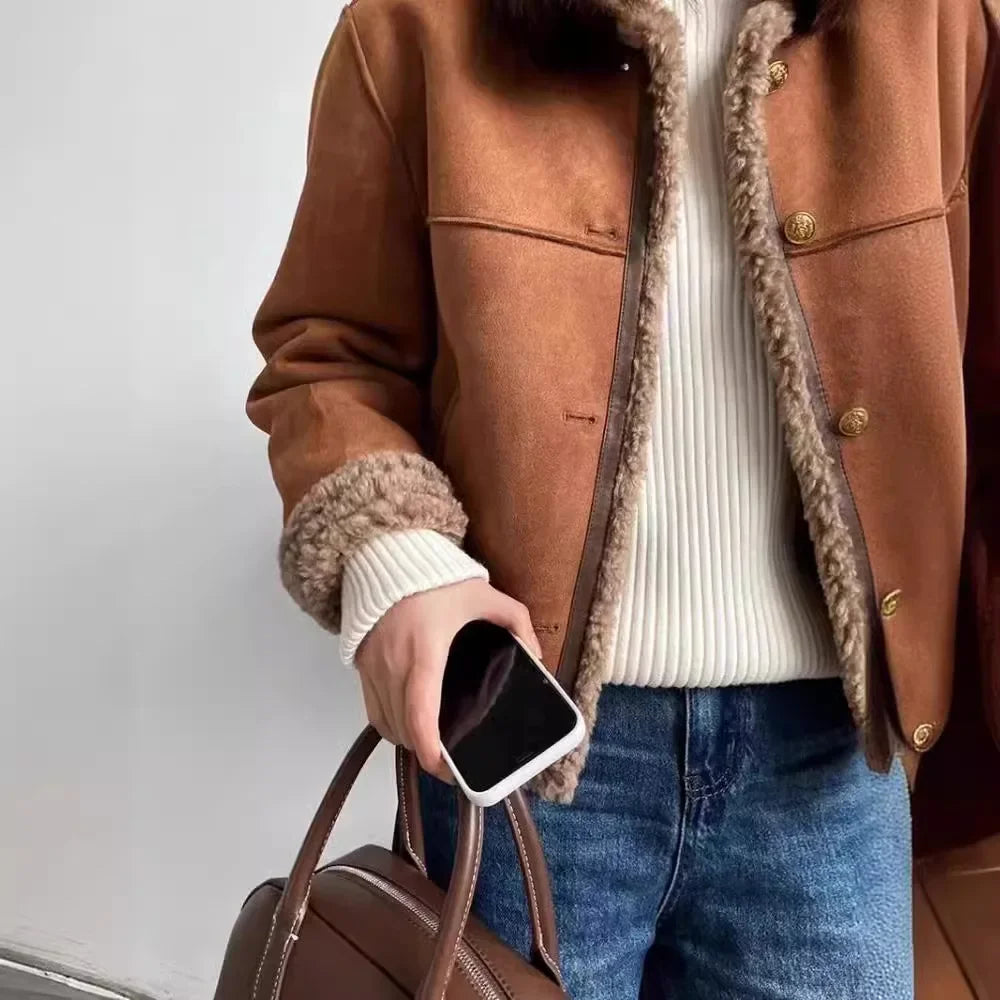Veste d'hiver vintage décontractée pour femme avec doublure en teddy – Style décontracté pour le quotidien et l'extérieur