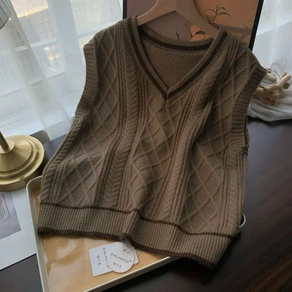 Strickpullunder Damen V-Ausschnitt Zopfmuster College-Stil