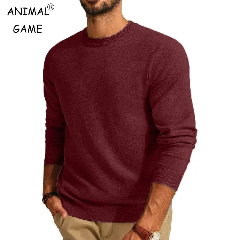 Herren Rundhals-Pullover in Weinrot – Einfarbiger Langarm-Strickpullover