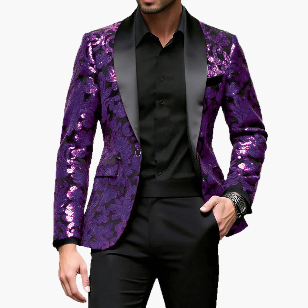 Herre Luksus Smoking Blazer med glimmer og moderne blomsterprint – Perfekt til fest og festlige lejligheder