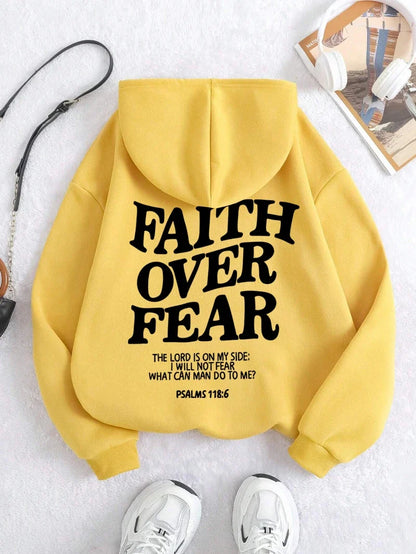 Hættetrøje med teksten "Faith Over Fear" til damer