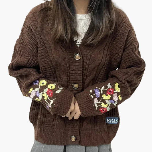 Dames Gebreide jas met bloemenborduursel en vintage charme – Herfst/winter cardigan voor vrije tijd