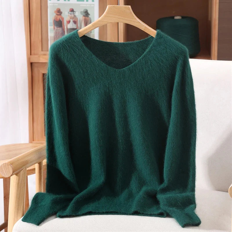 Jersey de cuello en V para mujer, suave, texturizado y de color liso