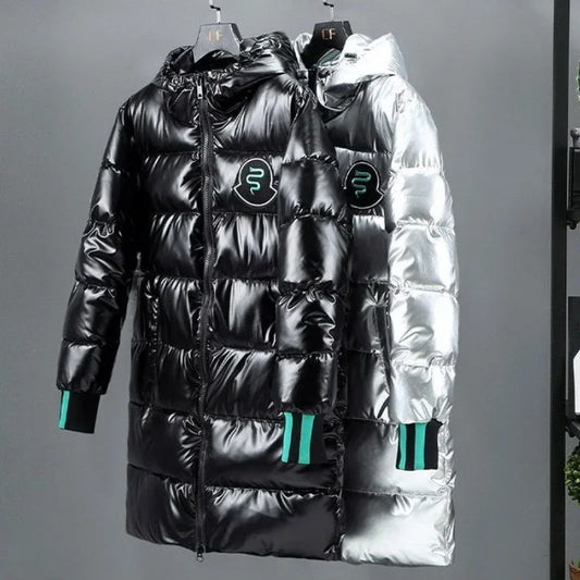 Parka d’hiver rembourrée pour homme, noir brillant, avec capuche