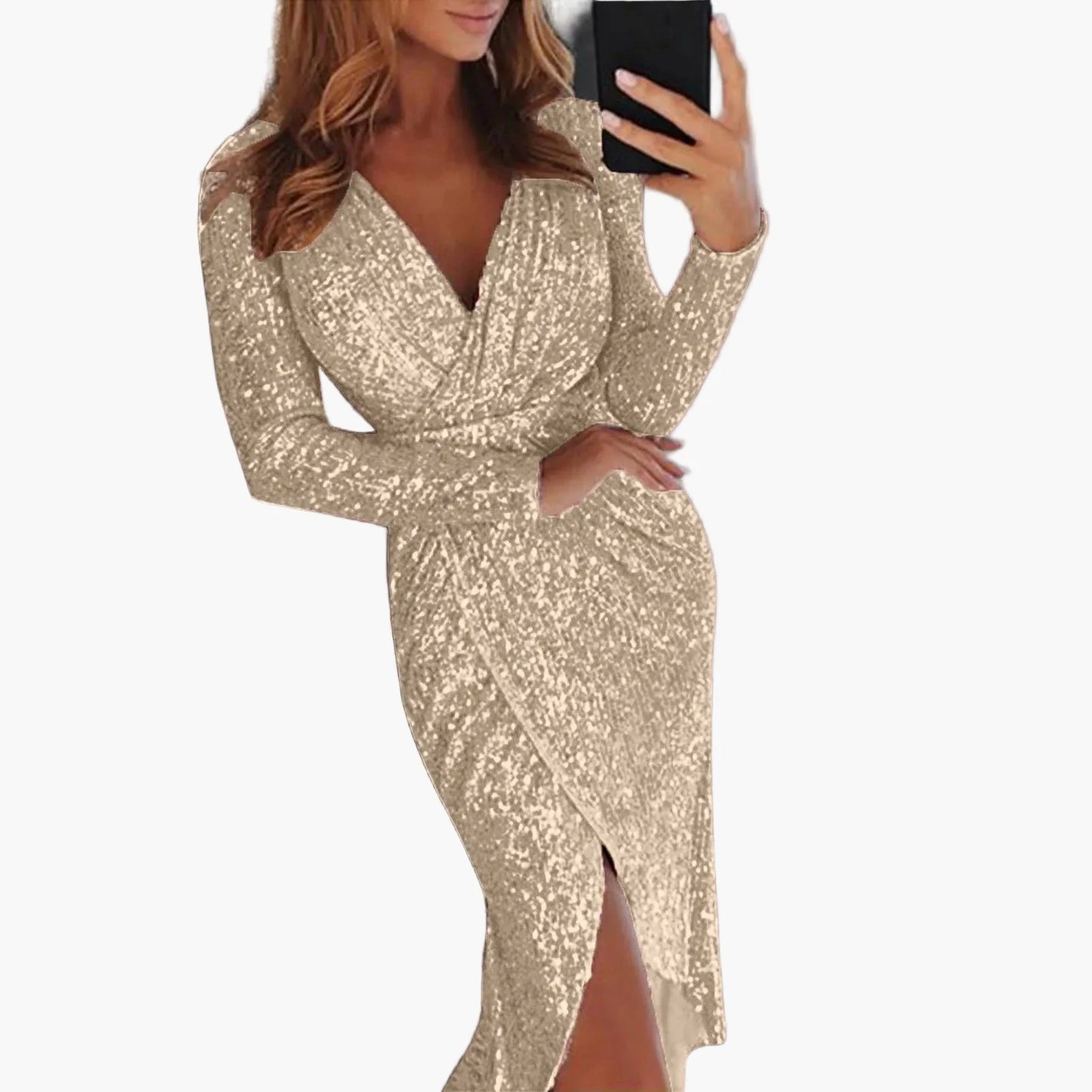 Abito Donna Elegante con Paillettes, Scollo Profondo a V, Effetto Incrociato e Arricciature – Abito da Sera & Festa a Maniche Lunghe per Occasioni Speciali