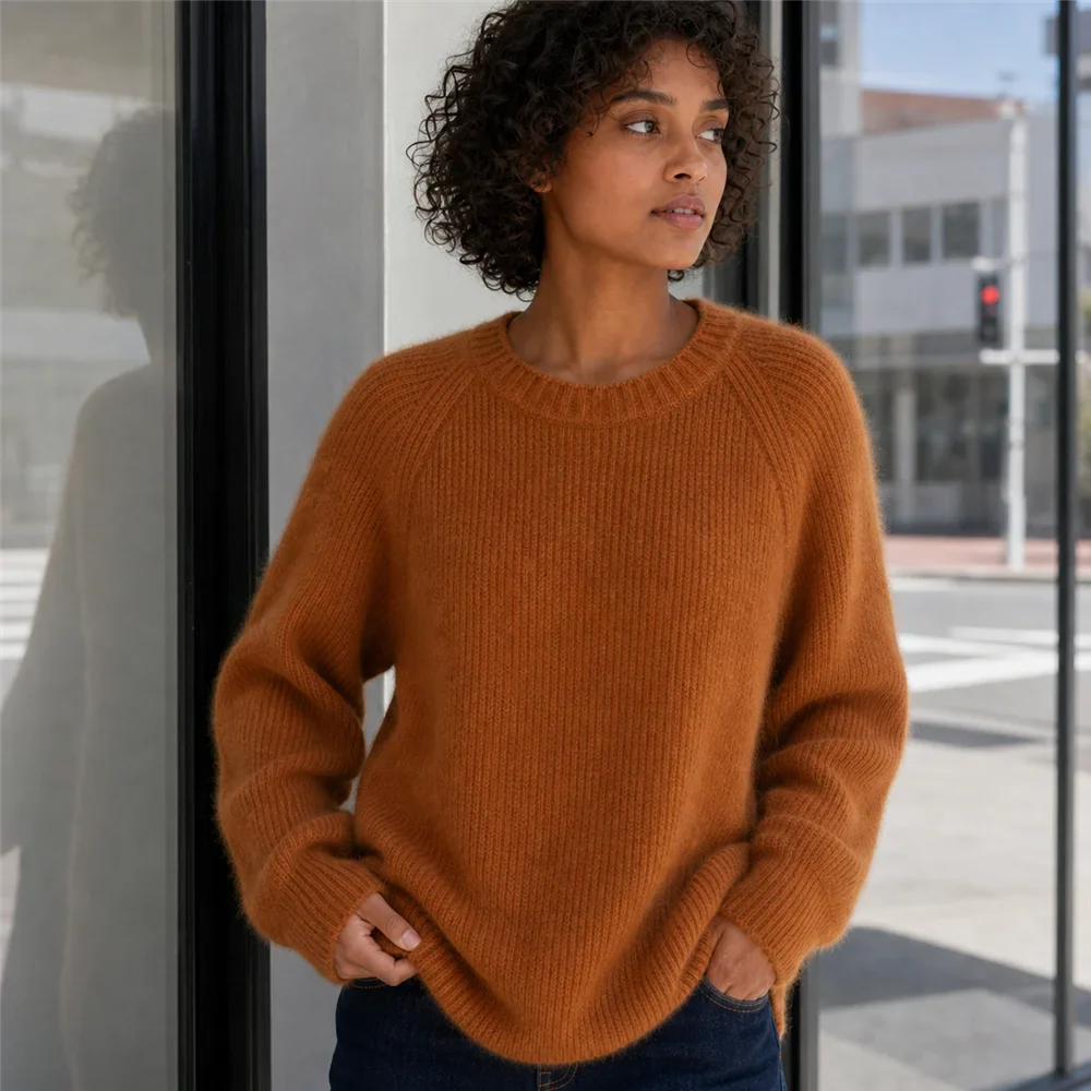 Maglione da donna a girocollo, maniche lunghe, in maglia a coste, giallo