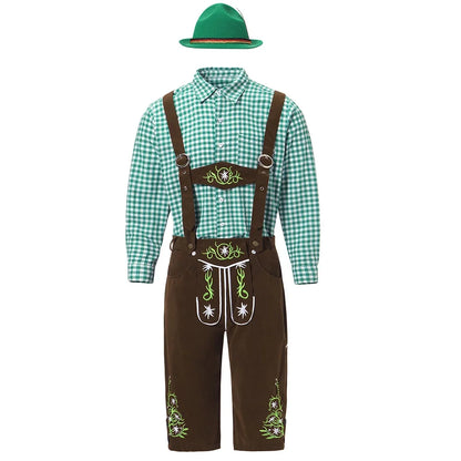 Herenklederdrachtset met geruit overhemd, leren broek en borduursel in groen en bruin