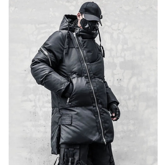 Unisex Winterjacke Schwarz mit Reißverschluss-Details und Kapuze, lang geschnitten