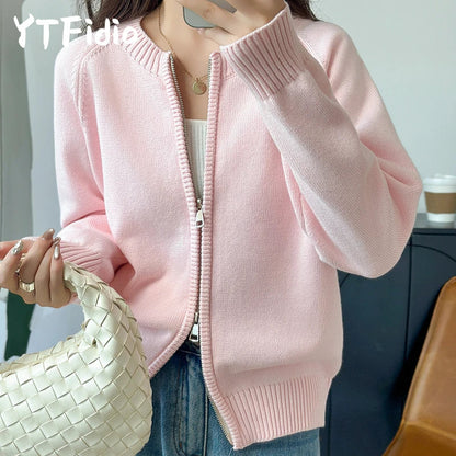 Gilet en maille pour femme avec fermeture éclair, col rond et manches longues