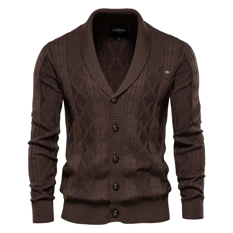 Cardigan da uomo in maglia con collo a scialle e motivo a rombi, abbottonatura e maniche lunghe