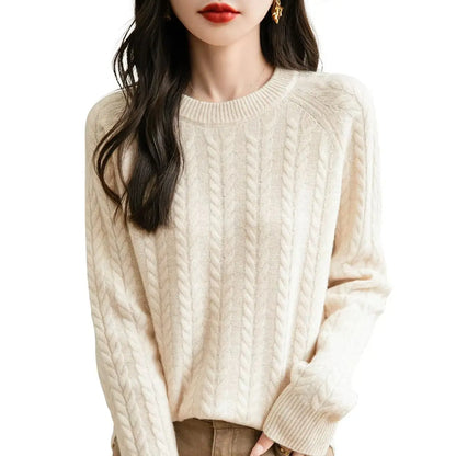 Maglione da donna con motivo a trecce, collo rotondo, maniche lunghe, lavorato a maglia