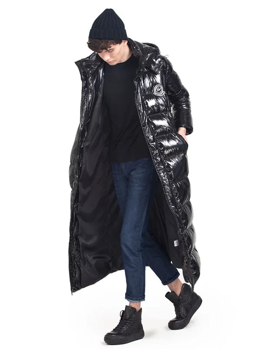 Glänzender Herren Daunenmantel, langer Steppmantel mit Kapuze, Schwarz