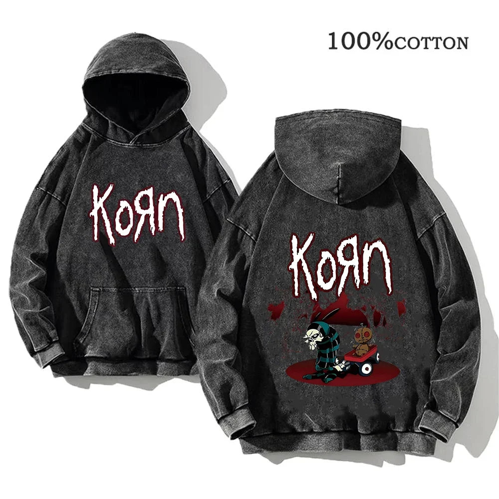 Unisex Kapuzenpullover Grau mit Band-Print & Kängurutasche