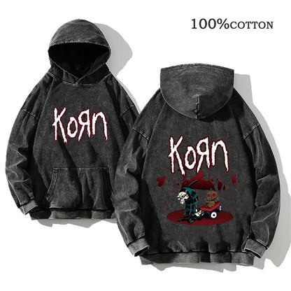 Unisex Kapuzenpullover Grau mit Band-Print & Kängurutasche