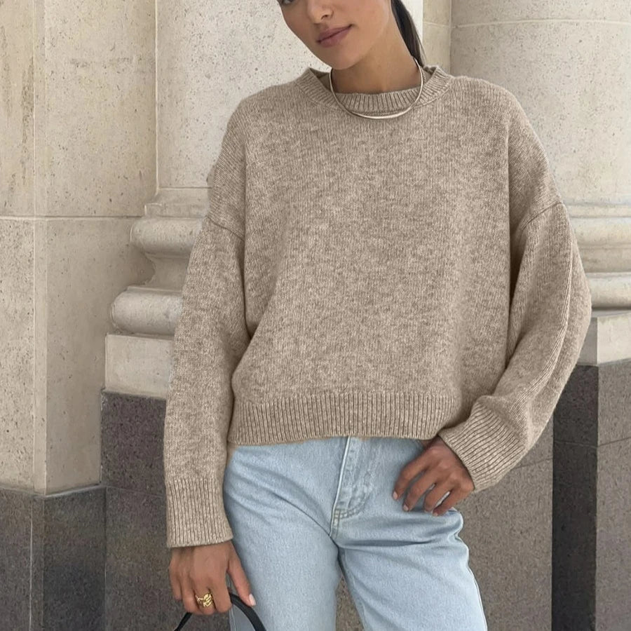 Damestrikpullover med rund hals, lange ærmer, oversize