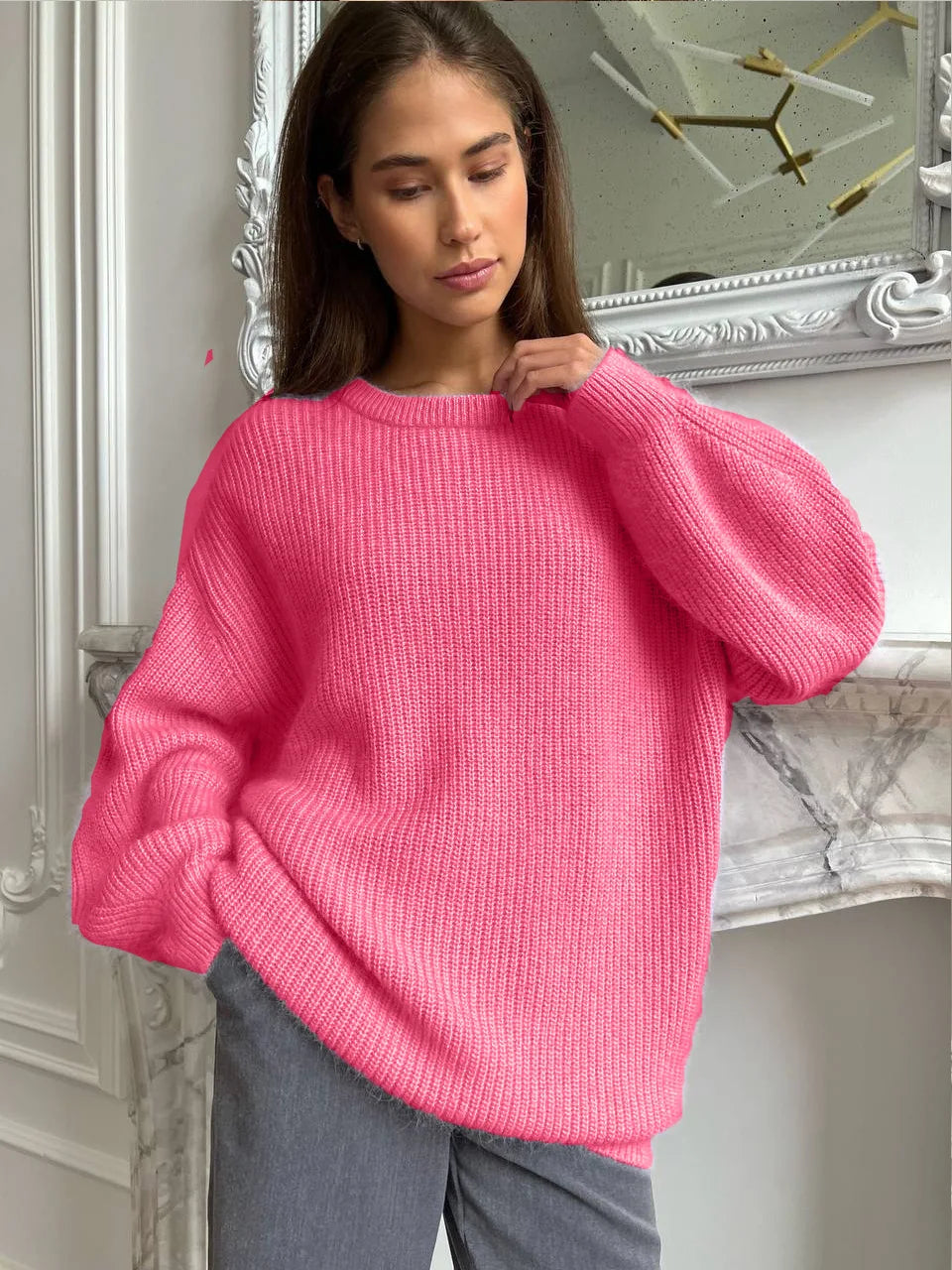 Damen Oversize Strickpullover Rundhals Rippstrick