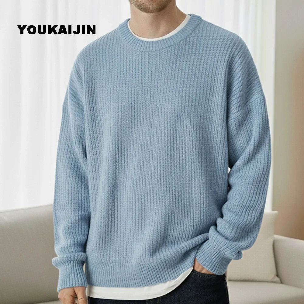 Pullover da uomo in maglia, girocollo, maglia grossa, tinta unita