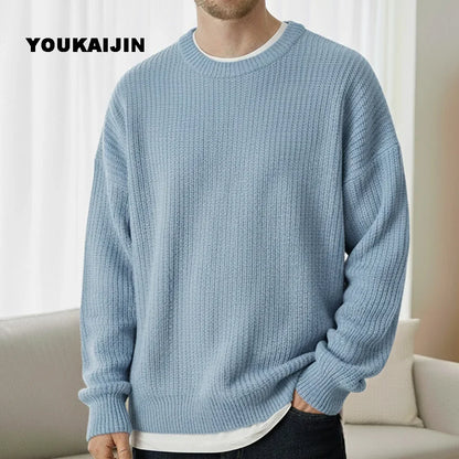 Pullover da uomo in maglia, girocollo, maglia grossa, tinta unita