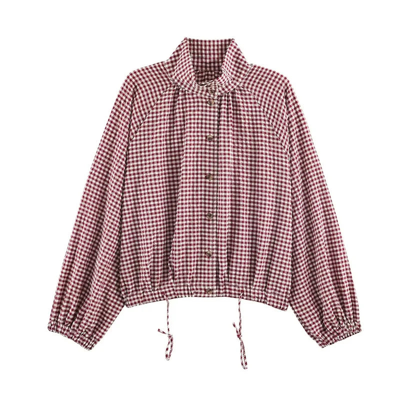Damesblouse met ruitpatroon, hoge kraag en veterdetails – lange mouwen