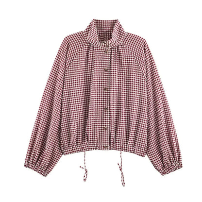 Damesblouse met ruitpatroon, hoge kraag en veterdetails – lange mouwen