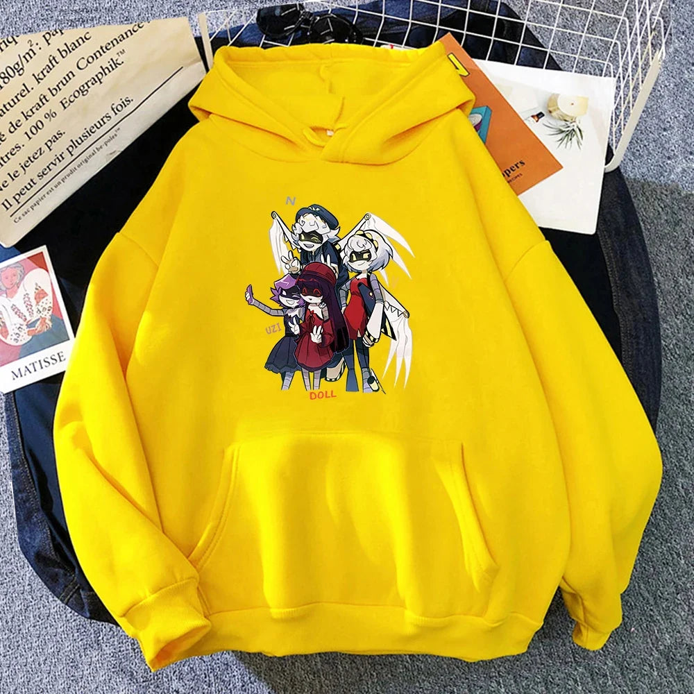 Sudadera unisex con capucha, estampado de personajes y bolsillo canguro