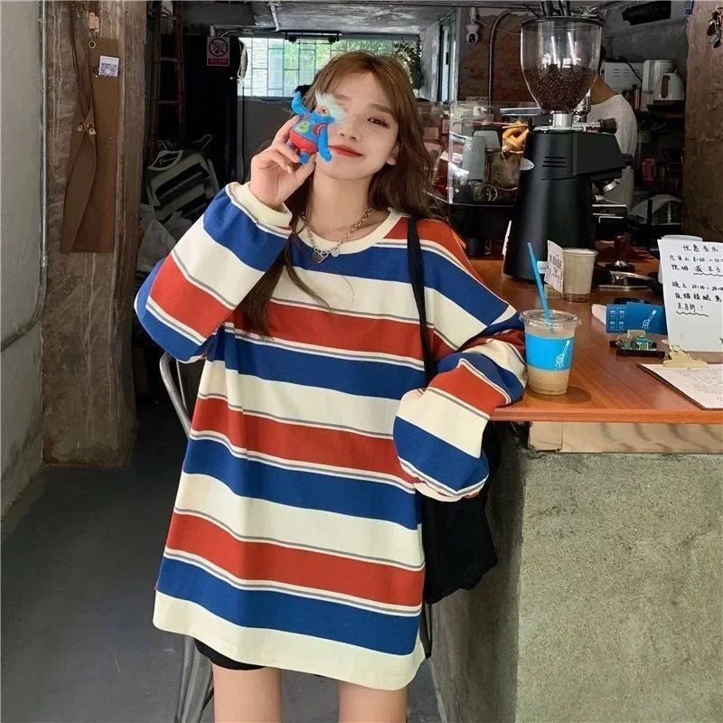 Gestreiftes Langarmshirt Damen Oversize Rundhals Mehrfarbig